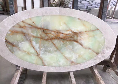 China Oval Shaped Stone Table Tops , Light Green Onyx Table Top For Coffee Tea Table supplier